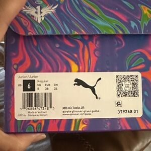 Puma M.E.L.O purple and Green Gecko basketball Shoes. MB.03 Toxic Jr